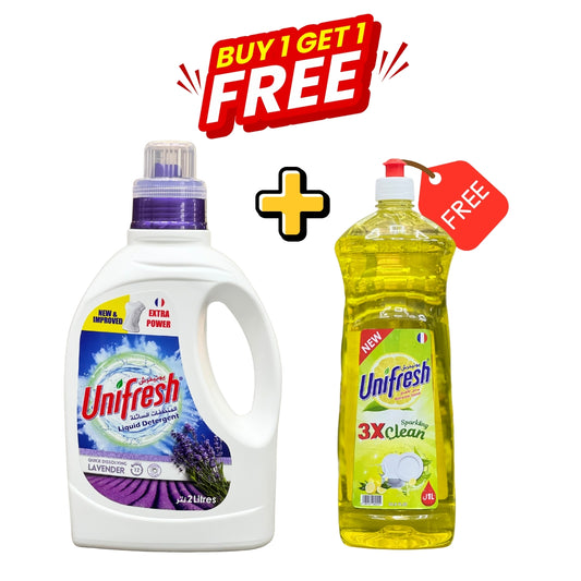 Buy 1 Get 1 FREE: Unifresh Liquid Detergent Lavender 2L + FREE Unifresh Dishwashing Liquid Lemon 1L