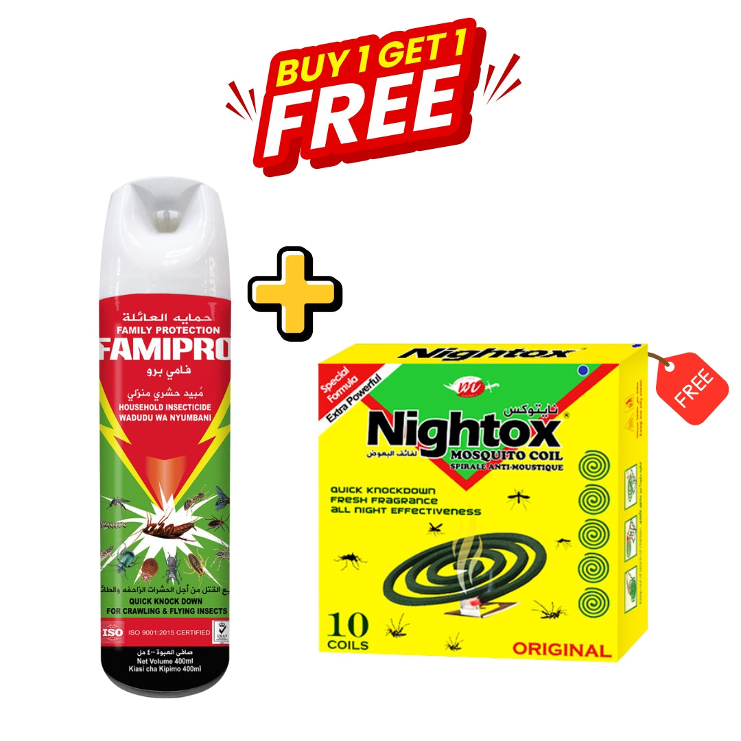 Buy 1 Get 1 FREE: Famipro Insect Killer Spray 400ml + FREE Nightox Mosquito Coil (10pcs/Box)