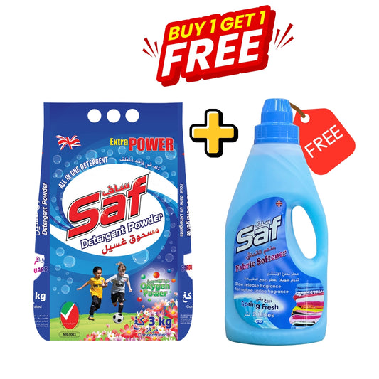 Buy 1 Get 1 FREE: Saf Detergent Blue 3Kg + FREE Saf Fabric Softener Blue 2L