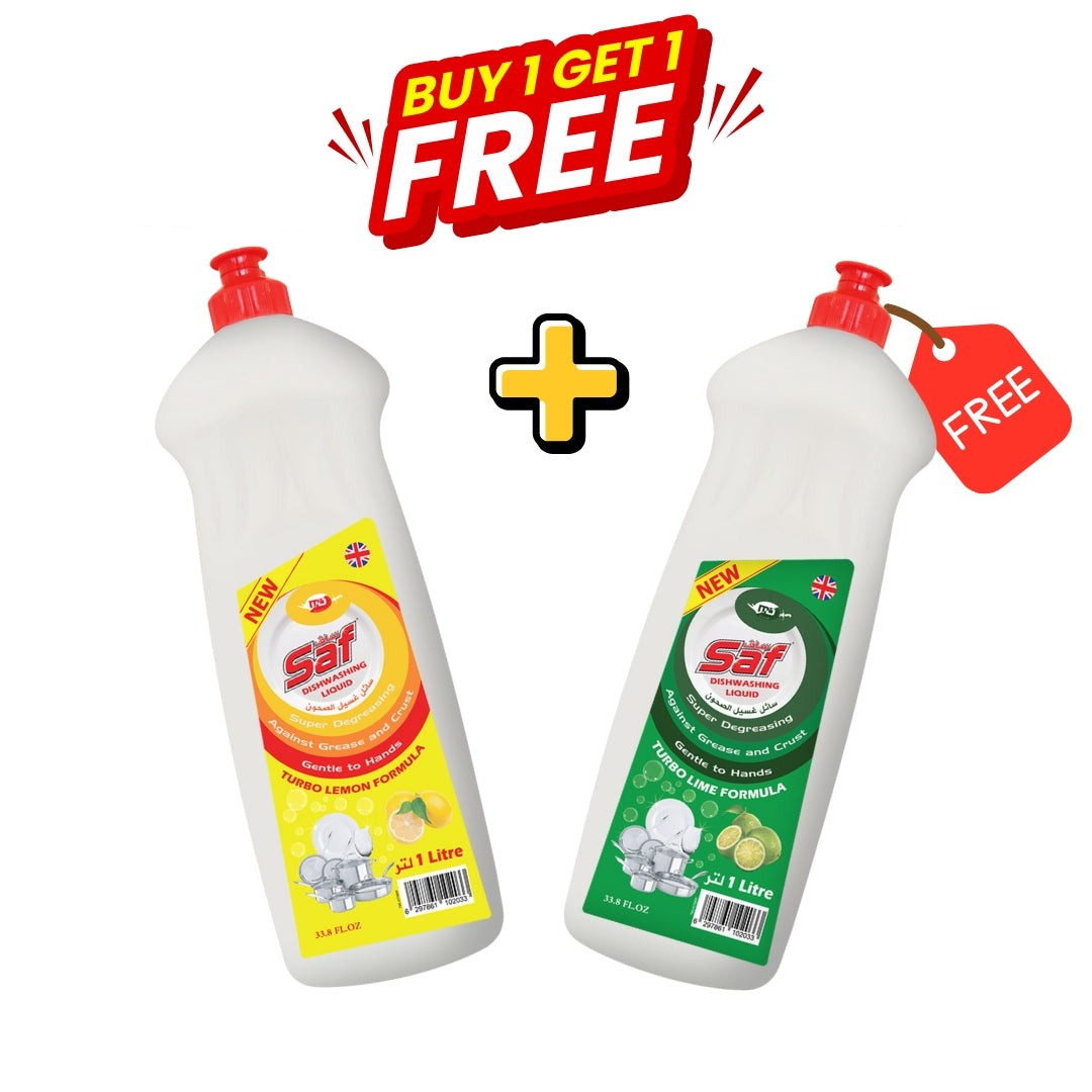 Buy 1 Get 1 FREE: Saf Dishwashing Liquid Lemon 1L + FREE Saf Dishwashing Liquid Lime 1L!